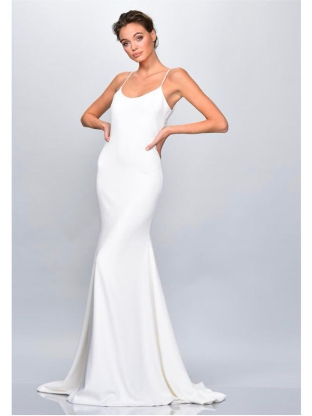 Theia White Spaghetti-Strap Crepe Mermaid Gown